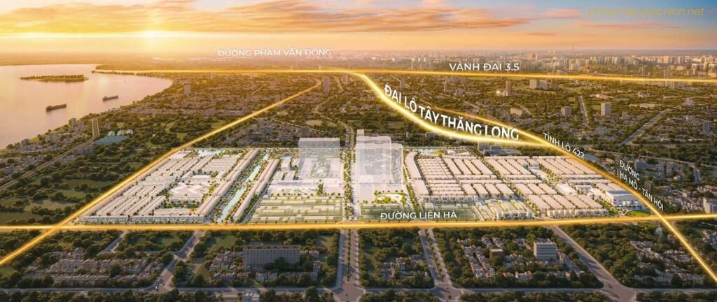 Phối cảnh dự án Vinhomes Đan Phượng Wonder City - dự án tiêu biểu của Vinhomes - Dự án nổi bật với mật độ cây xanh và mặt nước lớn, tạo nên không gian sống trong lành, gần gũi với thiên nhiên.
