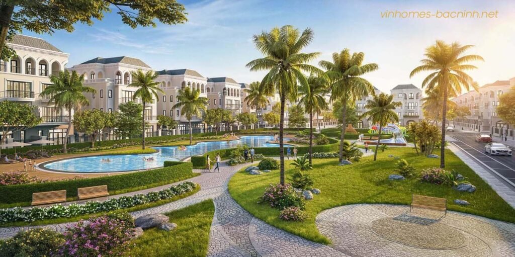Phối cảnh công viên nội khu Vinhomes Hòa Long Bắc Ninh – không gian xanh mát và trong lành giữa lòng đô thị.