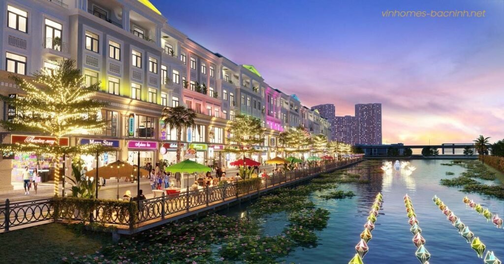 Phối cảnh khu mua sắm phức hợp ven sông Vinhomes Hòa Long Bắc Ninh – trung tâm thương mại sôi động bên bờ sông.